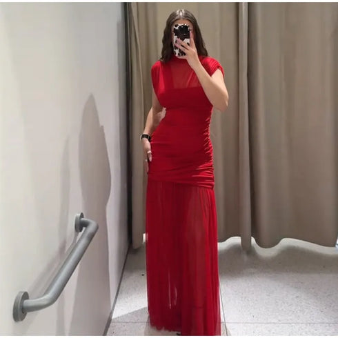 Elegant Mesh Patchwork Pleated Long Skirt Dress for Women Slim Evening Party Maxi Dress